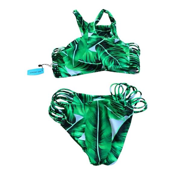 NWT CUPSHE Green Palm Leaf Tropical Two Piece Bikini Swim Bathing Suit S - Picture 2 of 4